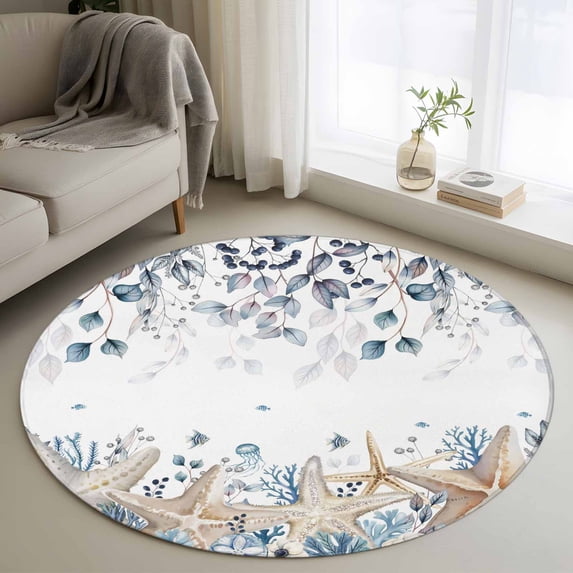 Round Area Rug 3.3 Ft, Blue Beige Coastal Washable Non-Slip Circle Carpet for Living Room/Bedroom, Beach Starfish Summer Eucalyptus Low-Profile Small Kitchen Mats Collection Rugs for Indoor