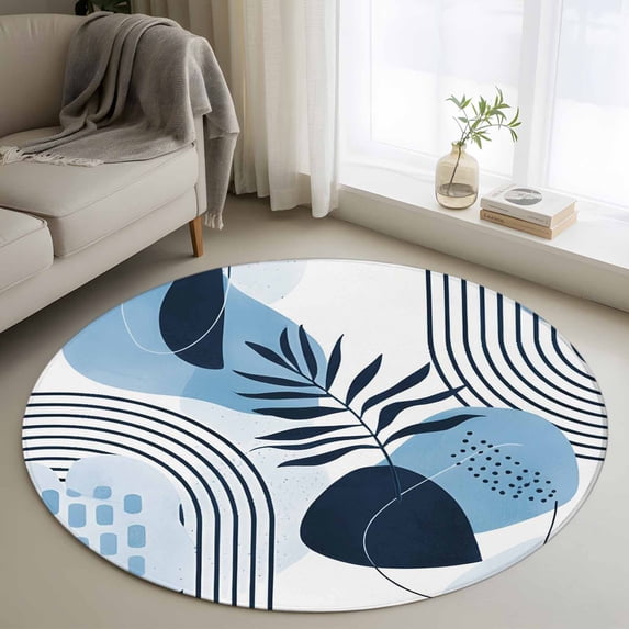 Round Area Rug 3.3 Ft, Blue Bohogeometric Washable Non-Slip Circle Carpet for Living Room/Bedroom, Bohemia Ethnic Abstract Lines Leaf Low-Profile Small Kitchen Mats Collection Rugs for Indoor