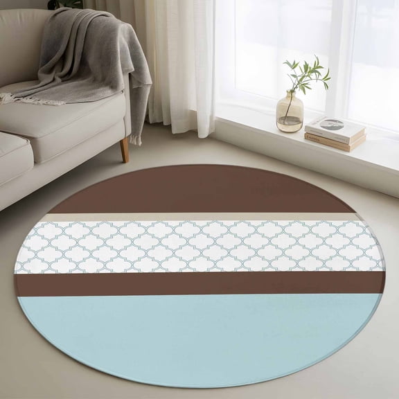 Round Area Rug 3.3 Ft, Blue Brown Morocco Washable Non-Slip Circle Carpet for Living Room/Bedroom, Geometric Stripes Aqua Stitching Low-Profile Small Kitchen Mats Collection Rugs for Indoor