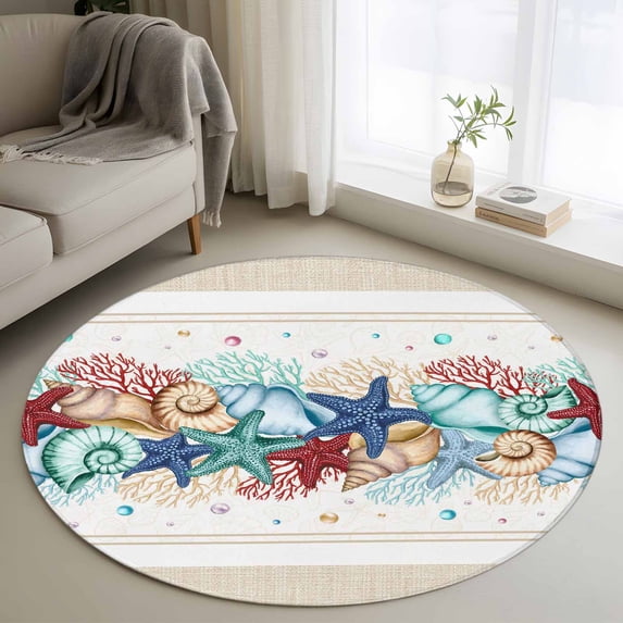 Round Area Rug 3.3 Ft, Blue Starfish Beach Washable Non-Slip Circle Carpet for Living Room/Bedroom, Summer Coral Conch Coastal Retro Beige Low-Profile Small Kitchen Mats Collection Rugs for Indoor
