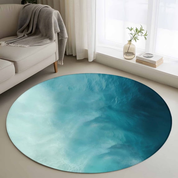 Round Area Rug 3.3 Ft, Blue Teal Ombre Washable Non-Slip Circle Carpet for Living Room/Bedroom, Coastal Beach Modern Abstract Art Low-Profile Small Kitchen Mats Collection Rugs for Indoor