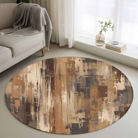 Round Area Rug 3.3 Ft, Brown Abstract Washable Non-Slip Circle Carpet for Living Room/Bedroom, Vintage Geometric Gradient Oil Painting Modern Low-Profile Small Kitchen Mats Collection Rugs for Indoor