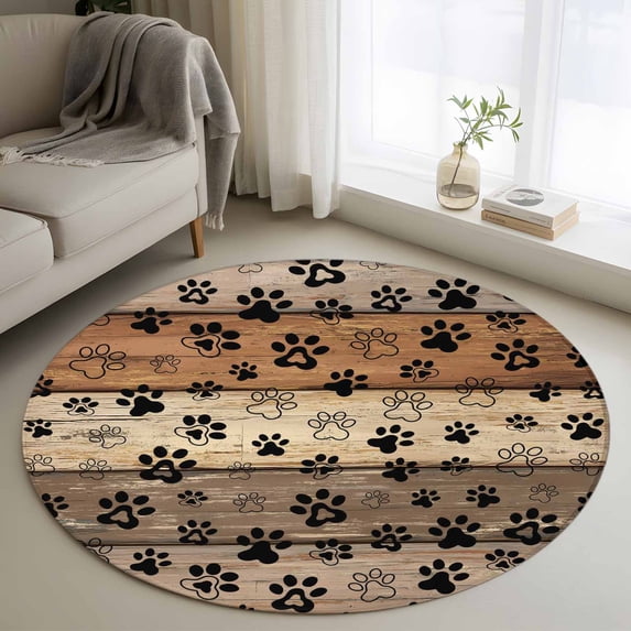 Round Area Rug 3.3 Ft, Brown Beige Washable Non-Slip Circle Carpet for Living Room/Bedroom, Rustic Farmhouse Dog Paw Vintage Low-Profile Small Kitchen Mats Collection Rugs for Indoor
