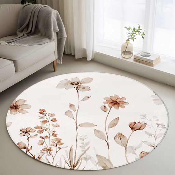 Round Area Rug 3.3 Ft, Brown Red Spring Floral Washable Non-Slip Circle Carpet for Living Room/Bedroom, Summer Flowers Botanical Elegant Low-Profile Small Kitchen Mats Collection Rugs for Indoor