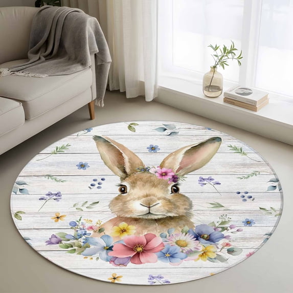 Round Area Rug 3.3 Ft, Bunny Easter Washable Non-Slip Circle Carpet for Living Room/Bedroom, Spring Floral Pastoral Wooden Low-Profile Small Kitchen Mats Collection Rugs for Indoor