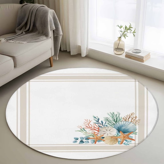 Round Area Rug 3.3 Ft, Coastal Starfish Washable Non-Slip Circle Carpet for Living Room/Bedroom, Nautical Shells Coral Eucalyptus Stripes Low-Profile Small Kitchen Mats Collection Rugs for Indoor