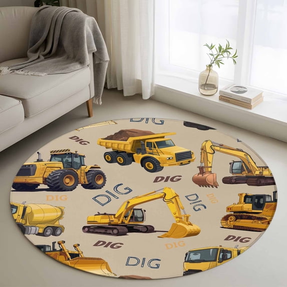 Round Area Rug 3.3 Ft, Construction Truck Washable Non-Slip Circle Carpet for Living Room/Bedroom, Cartoon Grips and Bulldozers Beige Low-Profile Small Kitchen Mats Collection Rugs for Indoor