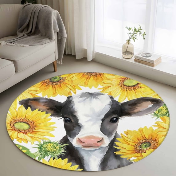 Round Area Rug 3.3 Ft, Cow Sunflowers Washable Non-Slip Circle Carpet for Living Room/Bedroom, Farmhouse Country Watercolor Animals Floral Low-Profile Small Kitchen Mats Collection Rugs for Indoor
