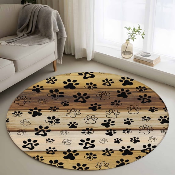 Round Area Rug 3.3 Ft, Cute Dog Claws Washable Non-Slip Circle Carpet for Living Room/Bedroom, Farmhouse Brown Wooden Grain Puppy Pawprints Low-Profile Small Kitchen Mats Collection Rugs for Indoor