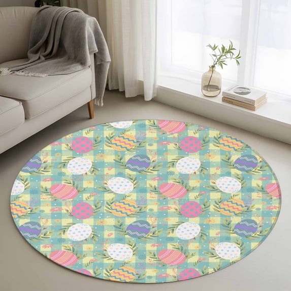 Round Area Rug 3.3 Ft, Easter Bunny Washable Non-Slip Circle Carpet for Living Room, Colorful Eggs Spring Leaves Daisy Yellow Green Check Low-Profile Small Kitchen Mats Collection Rugs for Indoor