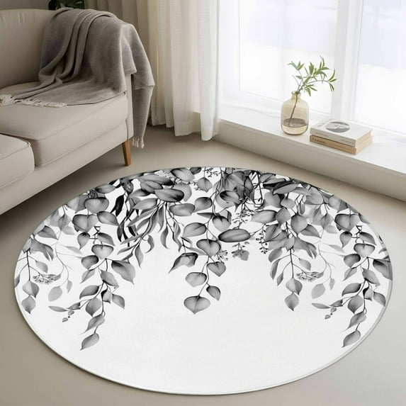 Round Area Rug 3.3 Ft, Eucalyptus Leaves Washable Non-Slip Circle Carpet for Living Room/Bedroom, Black Grey Summer Botanical Weeping Low-Profile Small Kitchen Mats Collection Rugs for Indoor