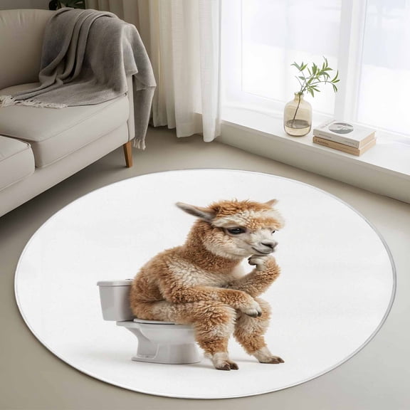 Round Area Rug 3.3 Ft, Funny Alpacas Washable Non-Slip Circle Carpet for Living Room/Bedroom, Cute Art Fun Lovely Animals on Toilets Low-Profile Small Kitchen Mats Collection Rugs for Indoor