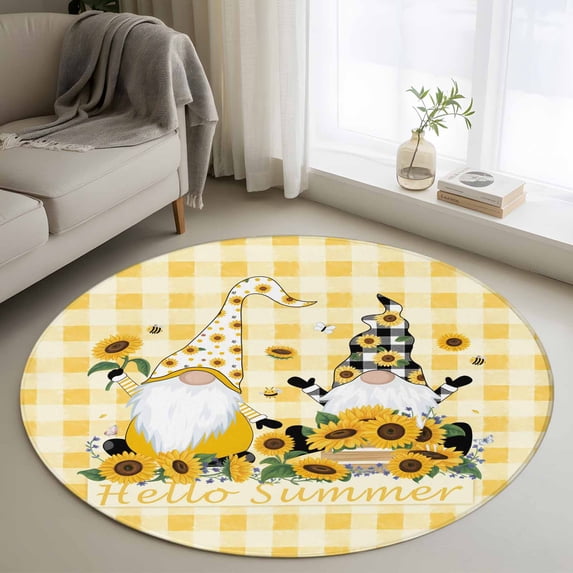 Round Area Rug 3.3 Ft, Gnomes Sunflowers Washable Non-Slip Circle Carpet for Living Room/Bedroom, Pastoral Botanical Yellow Plaid Low-Profile Small Kitchen Mats Collection Rugs for Indoor
