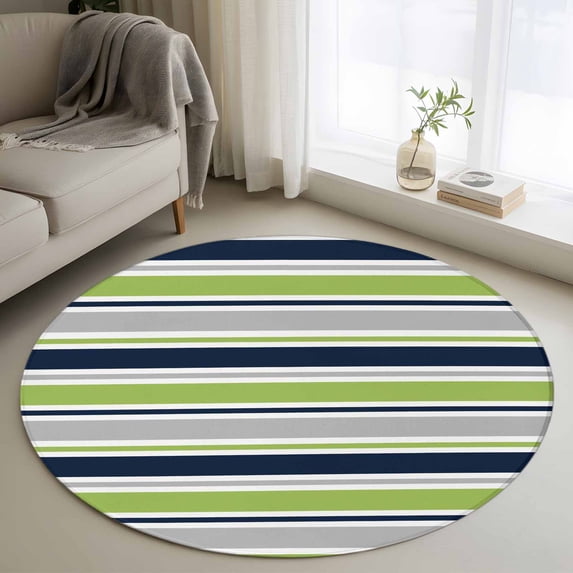 Round Area Rug 3.3 Ft, Green Gray Striped Washable Non-Slip Circle Carpet for Living Room/Bedroom, Farmhouse Stripes Modern Abstract Art Low-Profile Small Kitchen Mats Collection Rugs for Indoor