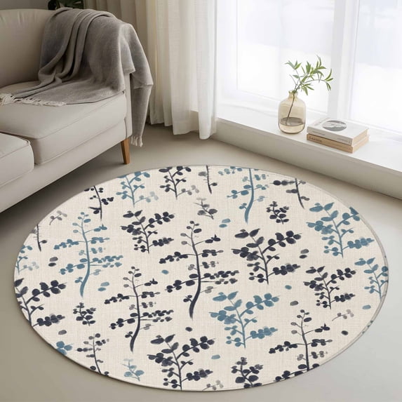 Round Area Rug 3.3 Ft, Grey Blue Botanical Washable Non-Slip Circle Carpet for Living Room/Bedroom, Rustic Country Spring Floral Summer Leaf Low-Profile Small Kitchen Mats Collection Rugs for Indoor