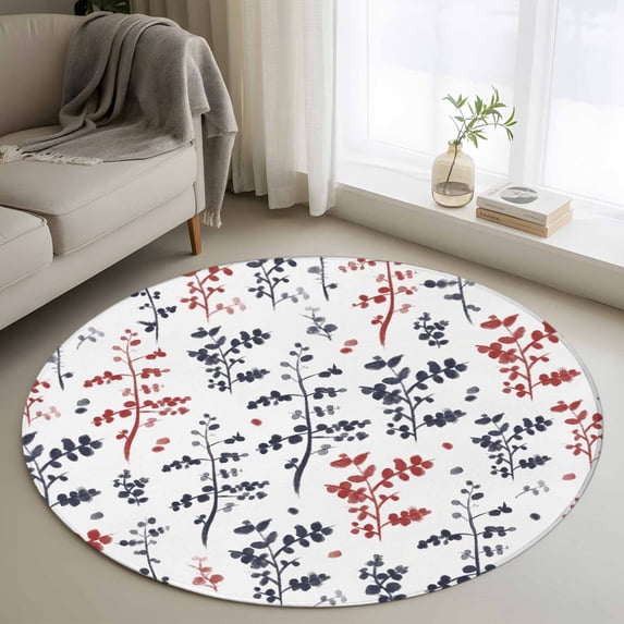 Round Area Rug 3.3 Ft, Grey Red Botanical Washable Non-Slip Circle Carpet for Living Room/Bedroom, Watercolor Spring Floral Summer Leaf Low-Profile Small Kitchen Mats Collection Rugs for Indoor