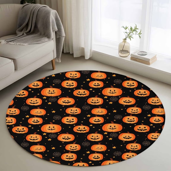 Round Area Rug 3.3 Ft, Halloween Washable Non-Slip Circle Carpet for Living Room/Bedroom, Cute Ghosts Pumpkin Stars Black Background Low-Profile Small Kitchen Mats Collection Rugs for Indoor