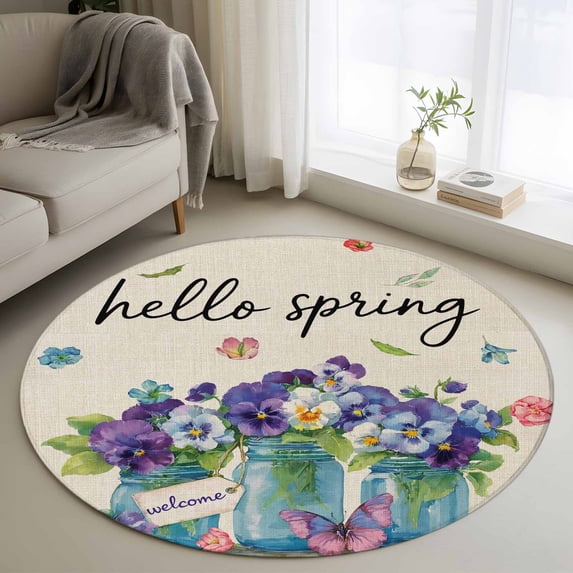 Round Area Rug 3.3 Ft, Hello Spring Washable Non-Slip Circle Carpet for Living Room/Bedroom, Pastoral Purple Bottle Floral Rustic Burlap Low-Profile Small Kitchen Mats Collection Rugs for Indoor