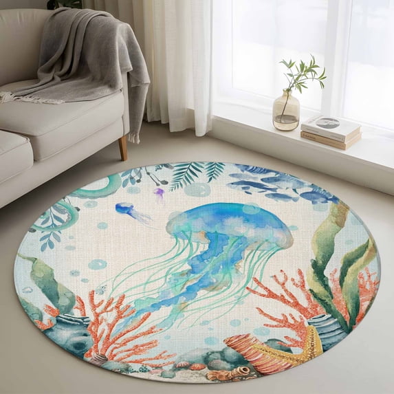 Round Area Rug 3.3 Ft, Jellyfish Coastal Washable Non-Slip Circle Carpet for Living Room/Bedroom, Summer Nautical Starfish Coral Beige Low-Profile Small Kitchen Mats Collection Rugs for Indoor