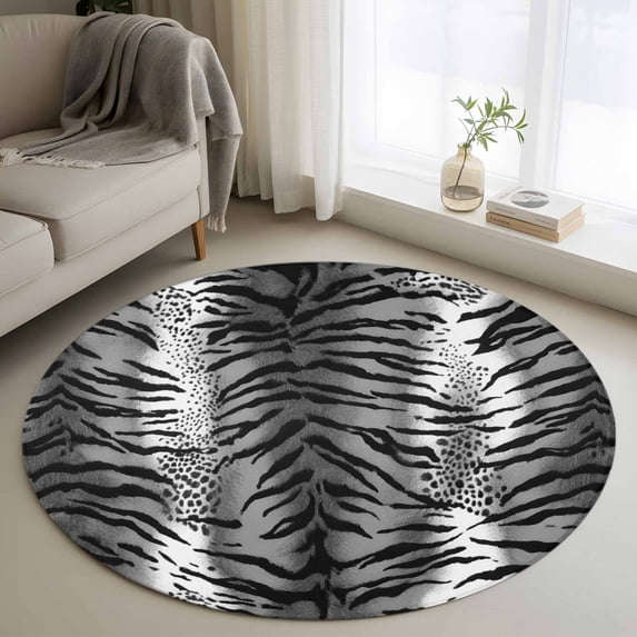 Round Area Rug 3.3 Ft, Leopard Stripes Washable Non-Slip Circle Carpet for Living Room/Bedroom, Vintage Black White Animals Texture Low-Profile Small Kitchen Mats Collection Rugs for Indoor