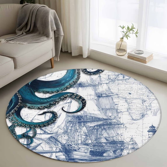 Round Area Rug 3.3 Ft, Nautical Blue Octopus Washable Non-Slip Circle Carpet for Living Room/Bedroom, Coastal Ocean Summer Boat Low-Profile Small Kitchen Mats Collection Rugs for Indoor