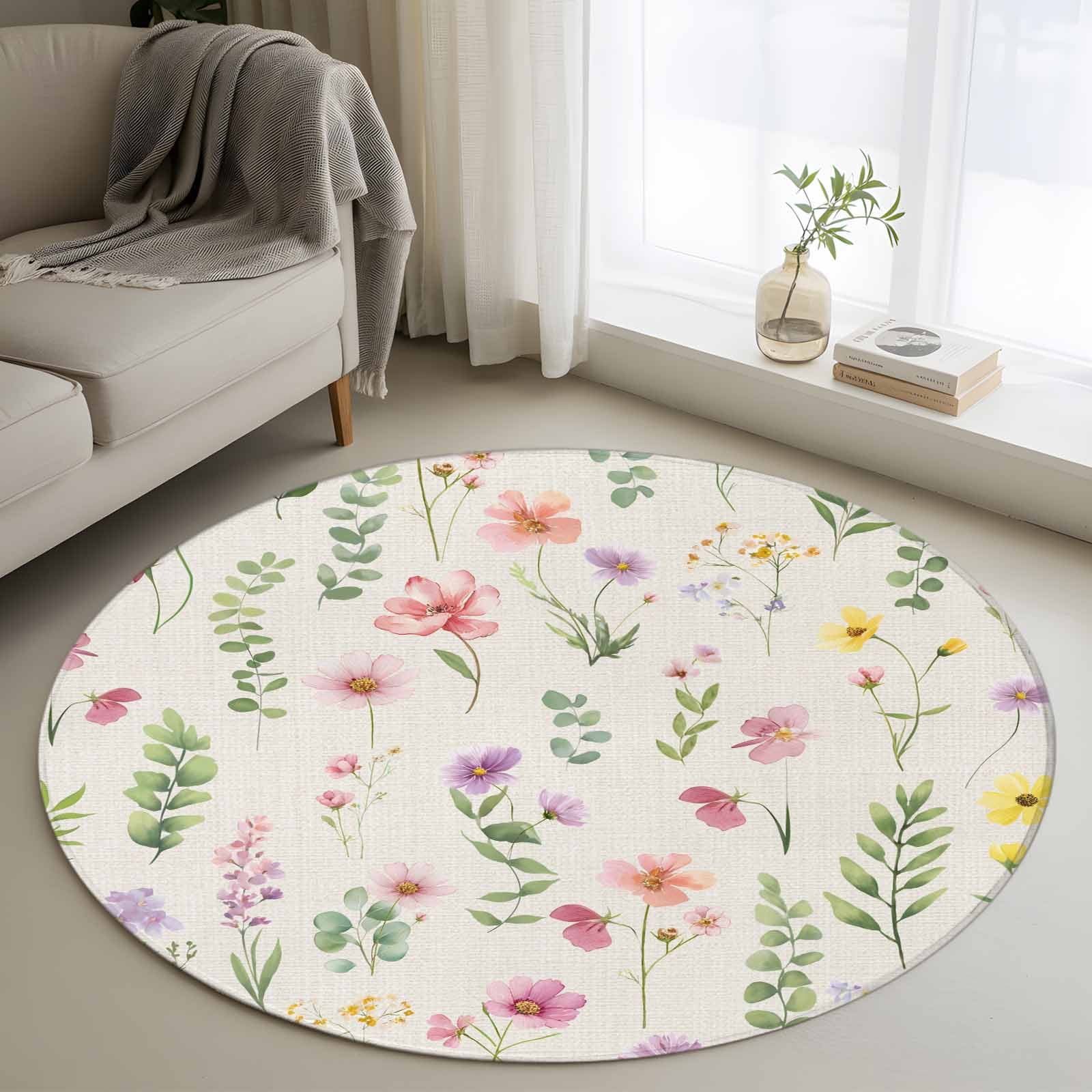 Round Area Rug 3.3 Ft, Pink Spring Floral Washable Non-Slip Circle