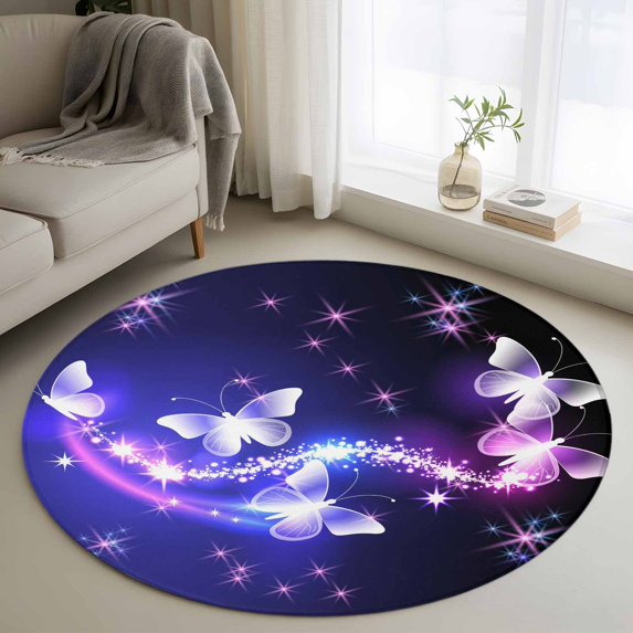 Round Area Rug 3.3 Ft, Purple Butterflies Washable Non-Slip Circle Carpet for Living Room/Bedroom, Modern Abstract Fantasy Gradient Low-Profile Small Kitchen Mats Collection Rugs for Indoor