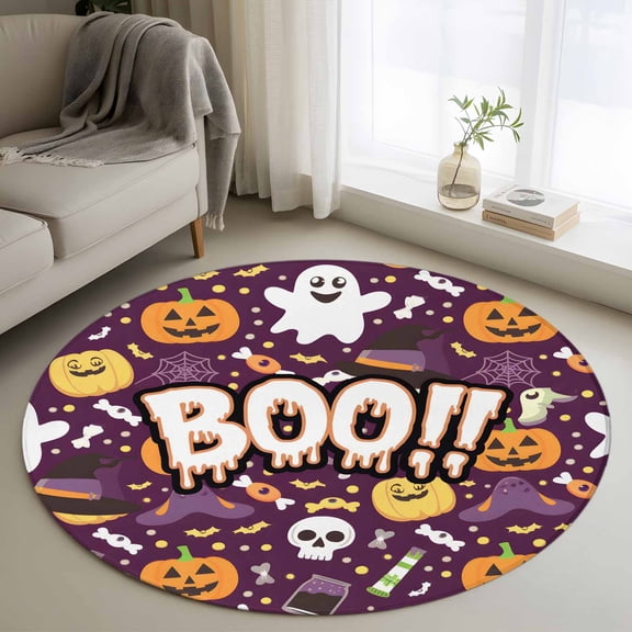 Round Area Rug 3.3 Ft, Purple Halloween Washable Non-Slip Circle Carpet for Living Room/Bedroom, Cute Ghost Pumpkin Skull Bat Wizard Hat Low-Profile Small Kitchen Mats Collection Rugs for Indoor