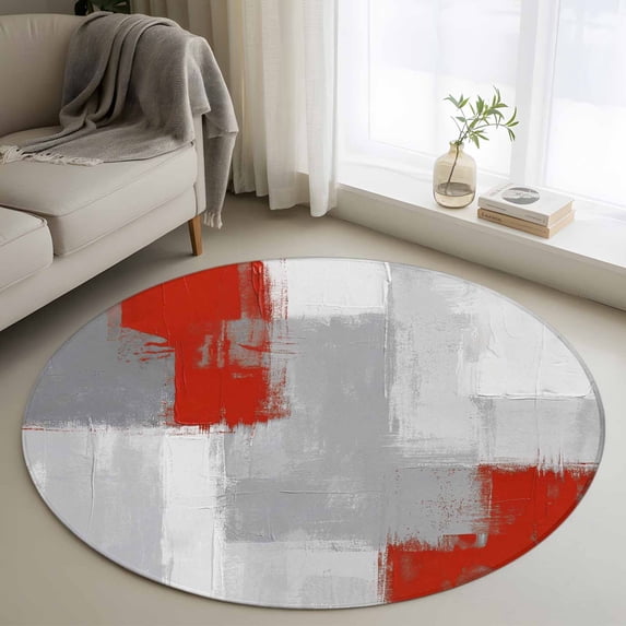 Round Area Rug 3.3 Ft, Red Grey Washable Non-Slip Circle Carpet for Living Room/Bedroom, Abstract Geometric Color Block Oil Painting Low-Profile Small Kitchen Mats Collection Rugs for Indoor
