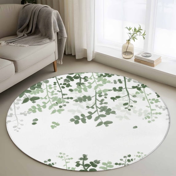 Round Area Rug 3.3 Ft, Sage Green Leaves Washable Non-Slip Circle Carpet for Living Room/Bedroom, Summer Botanical Low-Profile Small Kitchen Mats Collection Rugs for Indoor
