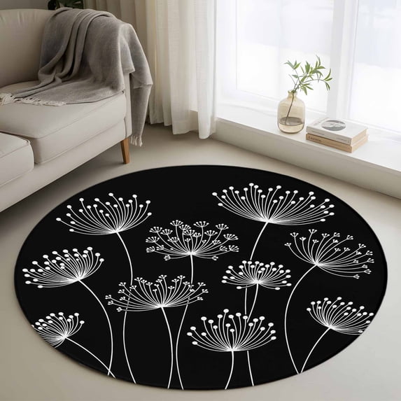 Round Area Rug 3.3 Ft, Spring Dandelion Washable Non-Slip Circle Carpet for Living Room/Bedroom, Modern Country Flower Black White Low-Profile Small Kitchen Mats Collection Rugs for Indoor