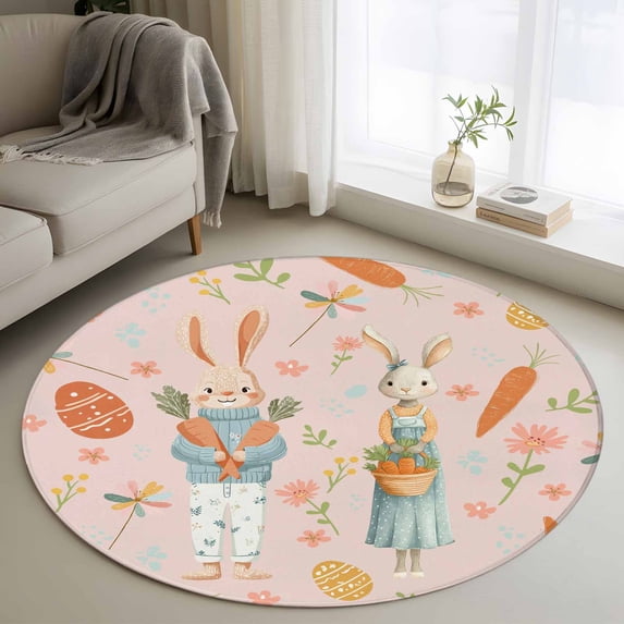 Round Area Rug 3.3 Ft, Spring Easter Washable Non-Slip Circle Carpet for Living Room/Bedroom, Bunny Carrots Eggs Floral Botanical Pink Low-Profile Small Kitchen Mats Collection Rugs for Indoor