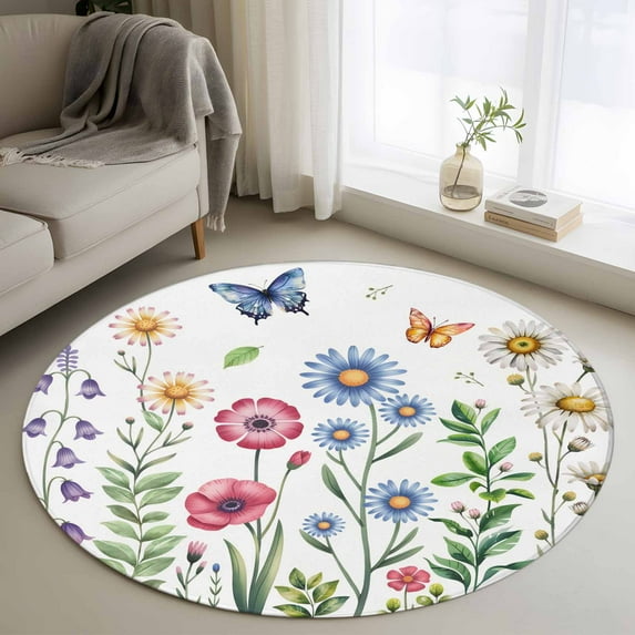 Round Area Rug 3.3 Ft, Spring Floral Washable Non-Slip Circle Carpet for Living Room/Bedroom, Pink Blue Flowers Botanical Butterflies Low-Profile Small Kitchen Mats Collection Rugs for Indoor