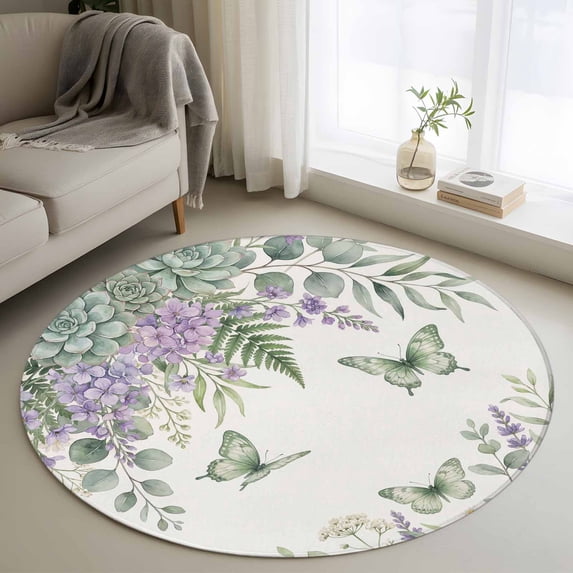 Round Area Rug 3.3 Ft, Spring Lavender Washable Non-Slip Circle Carpet for Living Room/Bedroom, Garden Botanical Leaves Butterflies Low-Profile Small Kitchen Mats Collection Rugs for Indoor