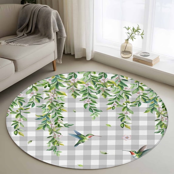 Round Area Rug 3.3 Ft, Spring Plants Washable Non-Slip Circle Carpet for Living Room/Bedroom, Watercolor Leaves Birds Flowers Gray Plaid Low-Profile Small Kitchen Mats Collection Rugs for Indoor