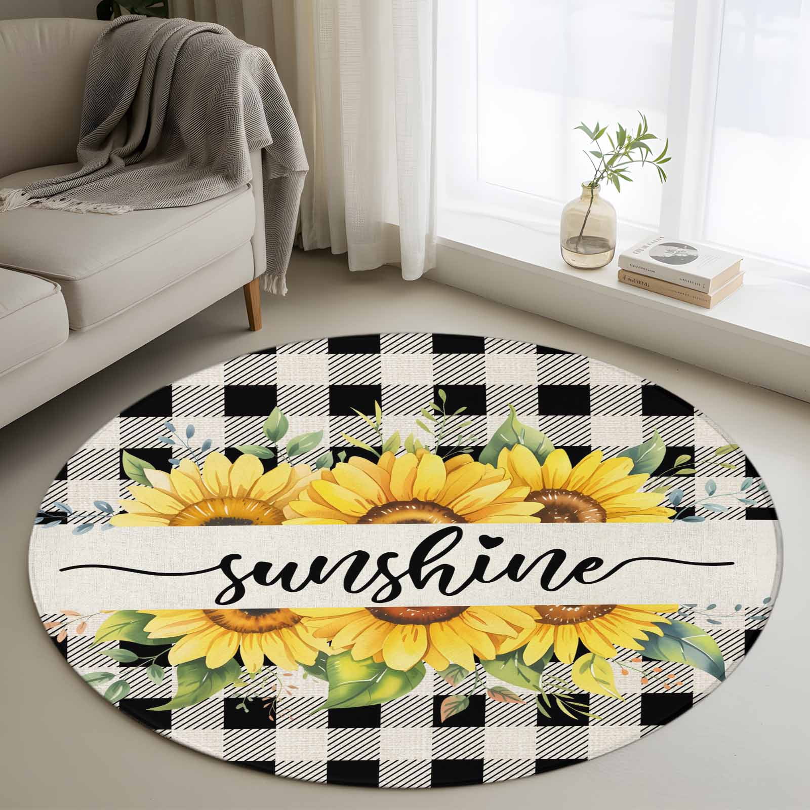Round Area Rug 3.3 Ft, Summer Sunflowers Washable Non-Slip Circle ...
