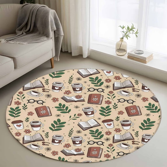 Round Area Rug 3.3 Ft, Tan Coffee Washable Non-Slip Circle Carpet for Living Room/Bedroom, Vintage Latte Cafe Books Leaves Flowers Theme Low-Profile Small Kitchen Mats Collection Rugs for Indoor