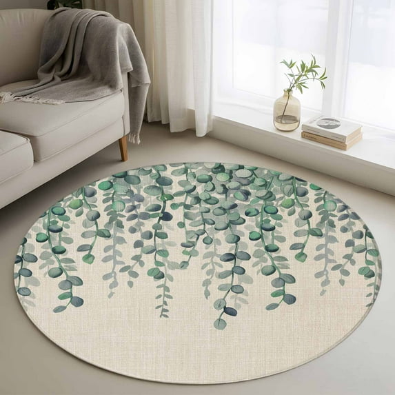 Round Area Rug 3.3 Ft, Teal Green Eucalyptus Leaves Washable Non-Slip Circle Carpet for Living Room/Bedroom, Spring Plants Country Beige Low-Profile Small Kitchen Mats Collection Rugs for Indoor