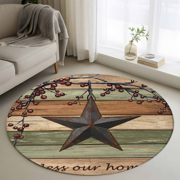 Round Area Rug 3.3 Ft, Texas Star Vintage Washable Non-Slip Circle Carpet for Living Room/Bedroom, Berry Sage Green Brown Wooden Low-Profile Small Kitchen Mats Collection Rugs for Indoor