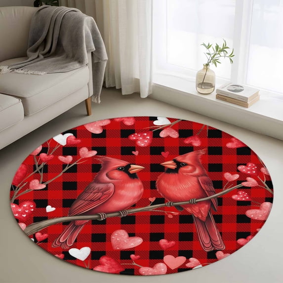Round Area Rug 3.3 Ft, Valentine's Day Birds Washable Non-Slip Circle Carpet for Living Room/Bedroom, Love Branches Red Black Buffalo Plaid Low-Profile Small Kitchen Mats Collection Rugs for Indoor