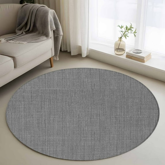 Round Area Rug 3.3 Ft, Vintage Dark Gray Washable Non-Slip Circle Carpet for Living Room/Bedroom, Farmhouse Retro Solid Color Linen Texture Low-Profile Small Kitchen Mats Collection Rugs for Indoor