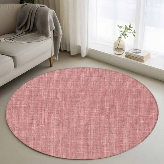 Round Area Rug 3.3 Ft, Vintage Peach Pink Washable Non-Slip Circle Carpet for Living Room/Bedroom, Farmhouse Retro Solid Color Linen Texture Low-Profile Small Kitchen Mats Collection Rugs for Indoor