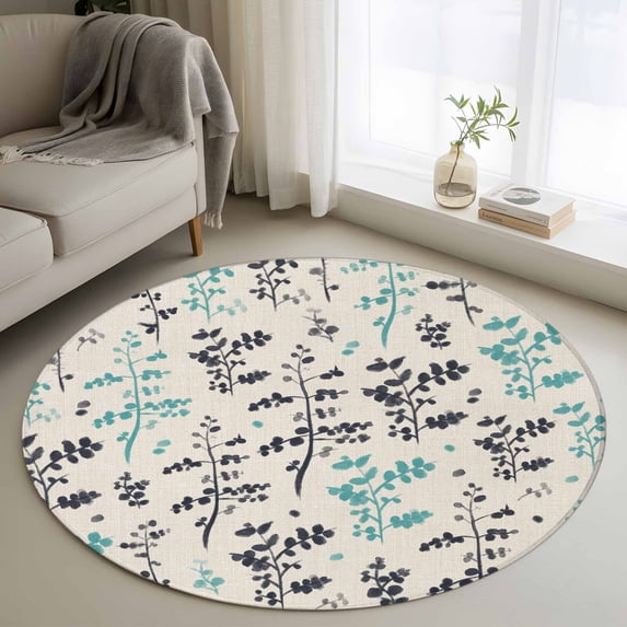 Round Area Rug 3 Ft, Aqua Grey Botanical Washable Non-Slip Circle Carpet for Living Room/Bedroom, Rustic Country Spring Floral Summer Leafv Low-Profile Small Floor Mats Collection Rugs for Indoor