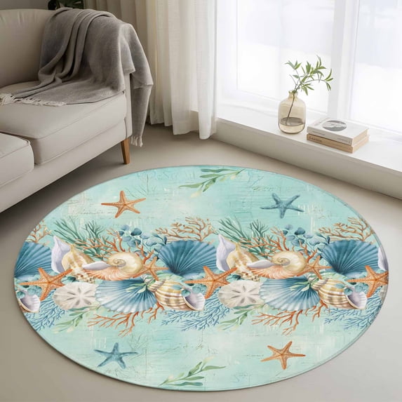 Round Area Rug 3 Ft, Beach Coastal Teal Washable Non-Slip Circle Carpet for Living Room/Bedroom, Nautical Shell Starfish Coral Summer Low-Profile Small Floor Mats Collection Rugs for Indoor
