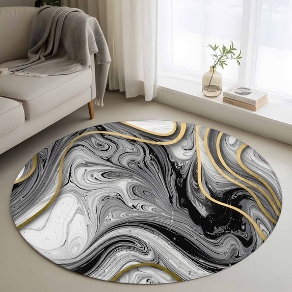 Round Area Rug 3 Ft, Black Gray Marble Washable Non-Slip Circle Carpet for Living Room/Bedroom, Vintage Golden Abstract Patterned Low-Profile Small Floor Mats Collection Rugs for Indoor