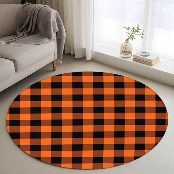 Round Area Rug 3 Ft, Black Orange Plaid Washable Non-Slip Circle Carpet for Living Room/Bedroom, Farmhouse Checkered Buffalo Low-Profile Small Floor Mats Collection Rugs for Indoor