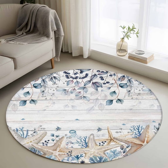 Round Area Rug 3 Ft, Blue Beige Coastal Washable Non-Slip Circle Carpet for Living Room/Bedroom, Beach Starfish Summer Eucalyptus Retro Low-Profile Small Floor Mats Collection Rugs for Indoor