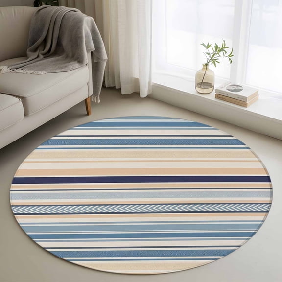 Round Area Rug 3 Ft, Blue Beige Striped Washable Non-Slip Circle Carpet for Living Room/Bedroom, Boho Colorful Rainbow Abstract Stripes Low-Profile Small Floor Mats Collection Rugs for Indoor