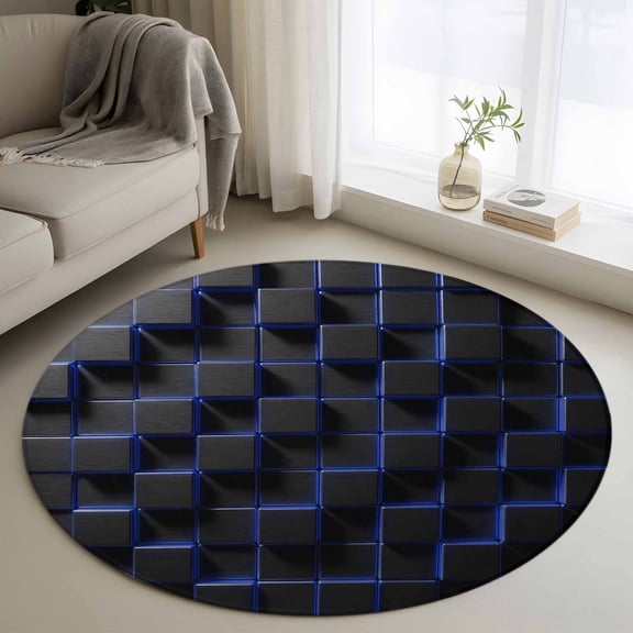 Round Area Rug 3 Ft, Blue Black Cubes Washable Non-Slip Circle Carpet for Living Room/Bedroom, Modern Geometric Abstract Art Low-Profile Small Floor Mats Collection Rugs for Indoor