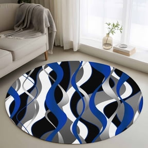 Round Area Rug 3 Ft, Blue Black Stripes Washable Non-Slip Circle Carpet for Living Room/Bedroom, Modern Abstract Ombre Grey White Lines Low-Profile Small Floor Mats Collection Rugs for Indoor